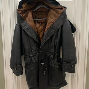 Cayenne Leather Black Hooded leather jacket quilted size small trench coat